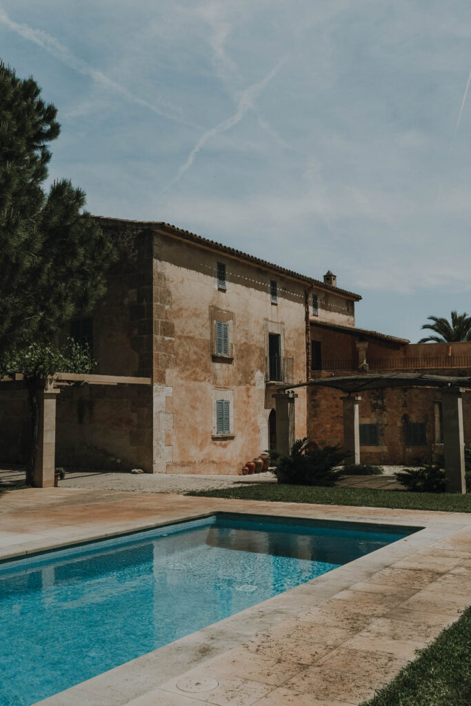 finca son sampol wedding venue in mallorca with pool in front of main entrance